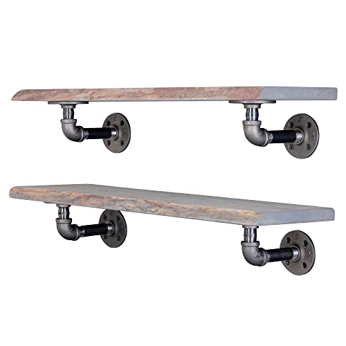 Pipe Decor 24” Riverstone Grey Live Edge Wood Shelf With Industrial L-Shaped Pipe Brackets (2-Pack) #TOP5
