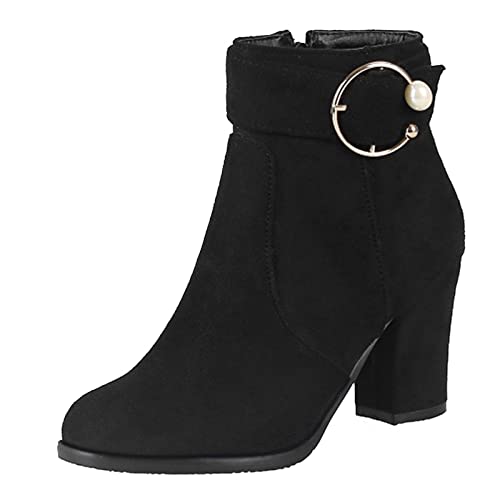 Women's Chunky Heel Ankle Boots with Zipper and Buckle