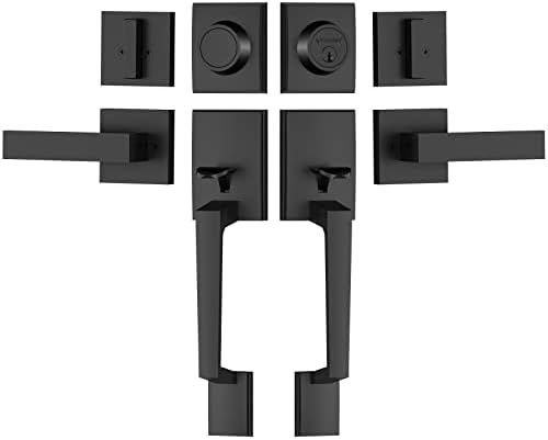 TICONN Double Front Door Handle Set, Heavy Duty Square Door Lever and Single Cylinder Deadbolt Combo for Side by Side Entrance Exterior Doors (Matte Black)
