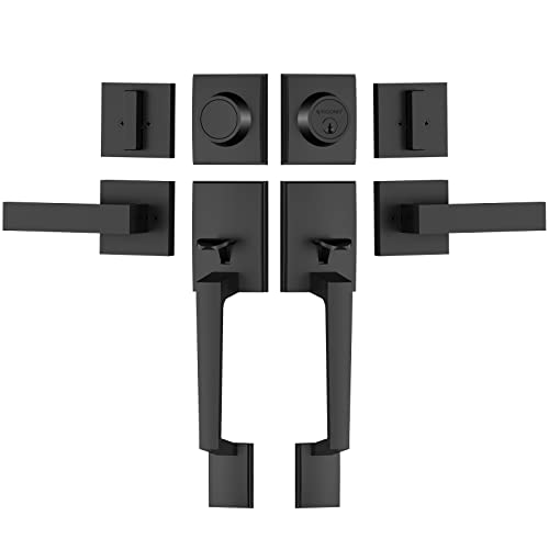 TICONN Double Front Door Handle Set, Heavy Duty Square Door Lever and Single Cylinder Deadbolt Combo for Side by Side Entrance Exterior Doors (Matte Black) by TICONN - Used condition - US$69.99