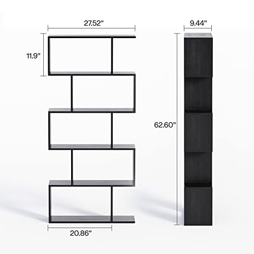 Chf Dpt 5-Tier Geometric Bookcase, Black Wooden Modern Bookshelf With Large Capacity, Freestanding Decorative Tall Bookcase Shelving For Bedroom Living Room, S Shaped Bookshelf With Particleboard #TOP2