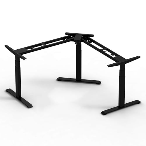 Fromann Electric Triple Motor 3 Tier 3 Leg L Shaped Desk Base Height and Width Adjustable Standing Corner Desk Frame for Home Office (Black)