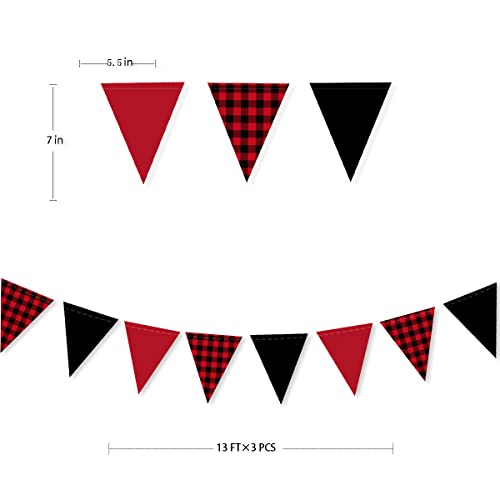 Image of 39 Ft Buffalo Plaid Christmas Pennant Banner Black Red Checkered Paper Hanging Triangle Flag Bunting Garland for Birthday Bridal Shower Bachelorette Xmas Holiday Party Decorations Supplies