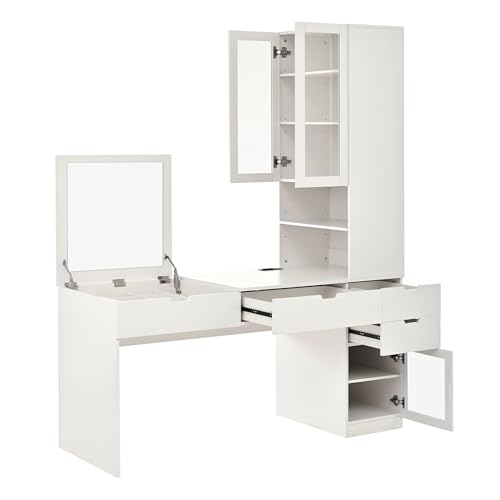 Image of JIVOIT Vanity Desk with Mirror, Versatile Makeup Dressing Table with 8 Hidden Storage Compartments, 3 Drawers, 2 Cabinets and Open Shelves, Glass Door, Computer Desk for Home Office