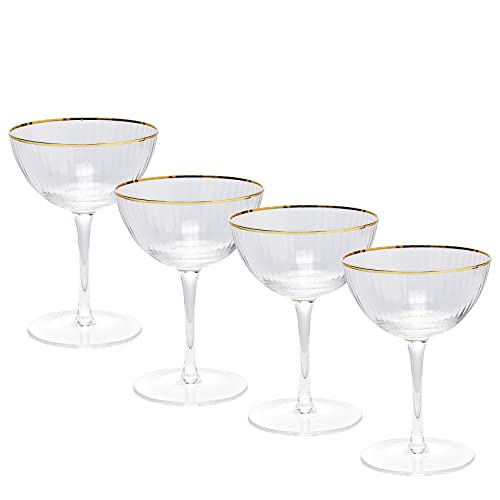 The Wine Savant Gold Rim Glasses 6 Oz, Set Of 4 Gold Rim Classic Manhattan Glasses For Martini, Cocktails, Champagne, Water & Wine - Classic Coupes Gilded Rimed, Crystal With Stems, Coupe #TOP7