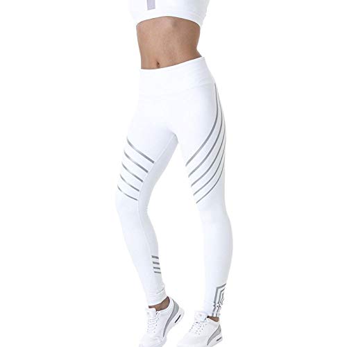 Yoga Leggings with Reflective Stripes, High Waisted, Breathable, Lotus and Ladybug (White, Medium)