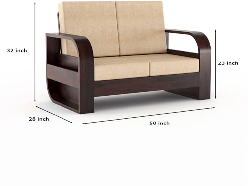 Image of Sheesham Wood 2 Seater Sofa Set for Living Room Home Office Solid Wood Sofa Set Furniture Wooden Two Seater Sofa Set (Walnut,Cream)
