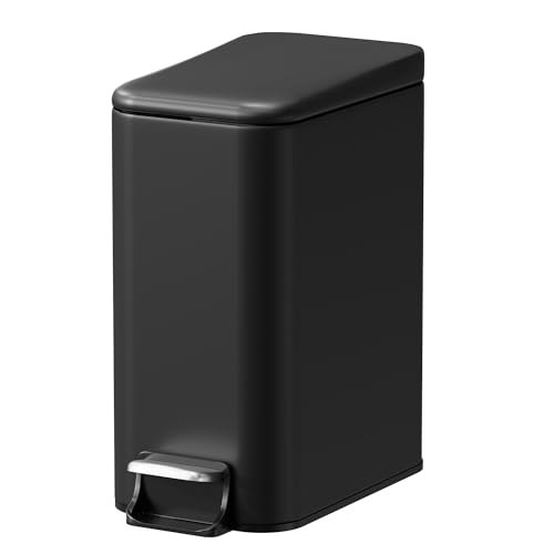 Halituny Small Trash Can with Lid Soft-Close, 6 L/1.6 Gal Bathroom Garbage Can with Removable Inner Bucket, Step Pedal, Stainless Steel Wastebasket for Kitchen, Bathroom, Bedroom, Office, Matt Black