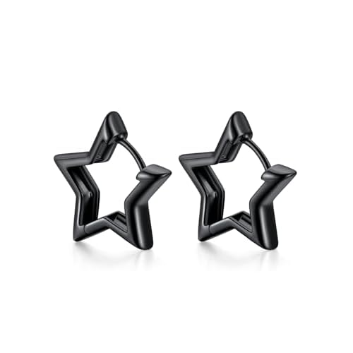 FindChic Star Earrings for Women, Silver/Black/Gold Plated Plated Star Hoop Earrings, 20/30/40/50/60mm Huggie Hoops, Lightweight Funky Cute Jewelry Gift for Her, with Gift Box 20mm Black