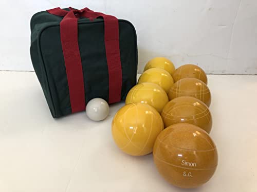 BuyBocceBalls Listing - Made in USA, Premium Quality Engraved Tournament Bocce Set, 998 Grams (2 lbs. 3.2 oz.). Various Bag Colors - 110mm Yellow and Gold Balls, Nylon Bag