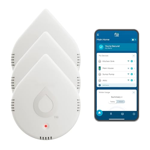 Image of Moen 920-005 Flo Smart Water Leak Detector, White, 3-Pack with 3-Pack 6-Foot Leak Sensing Cable