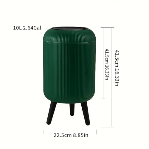 Image of ZENOVIA Modern Floor-Standing Dustbin with Legs | Push-Button Lid | Green Ribbed Plastic Waste Bin for Bedroom, Living Room & Kitchen | Large Capacity Decorative Trash Can | Push-Button Lid, Ribbed Plastic, With Legs, Odour-Free