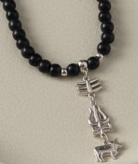 Image of Mahadev Trishul & Nandi Pendant Necklace for Men | Silver Shiv Pendant with Black Beads Mala | Spiritual Rudra Necklace for Daily Wear, Devotional Jewelry & Gift