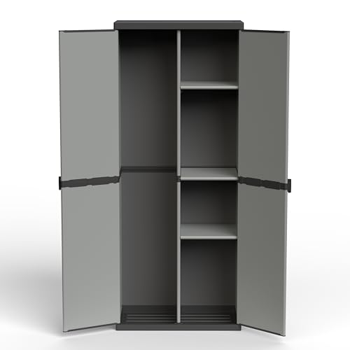 Kreher Hoher Spind Kunststoffschrank mit spritzwassergeschützter Deckel- & Bodenplatte sowie 3 Einlegeböden (2 Davon verstellbar) - extra stabil, Leichter Aufbau, optimal für Haushalt oder Garten