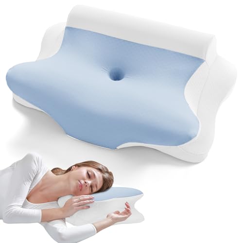 JOLLYVOGUE Neck Pillow for Pain Relief - Contour Memory Foam Cervical Pillow with Cooling Pillowcase, Ergonomic Orthopedic Support for Side Back Stomach Sleepers, White & Light Blue
