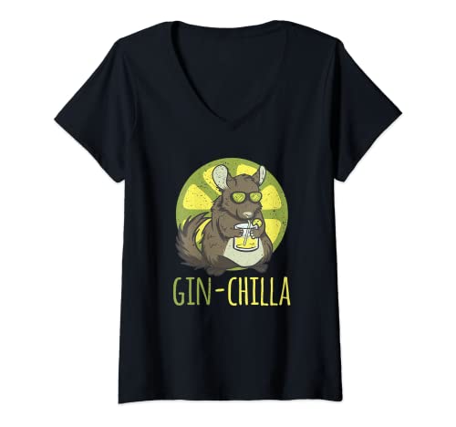 Mujer Ginchilla - Vaso largo con alcohol chinchilla Camiseta Cuello V