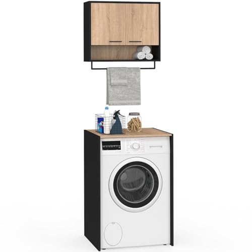 IDMarket - Ensemble Meubles de buanderie Wallis Noir et Bois façon hêtre pour Machine à Laver