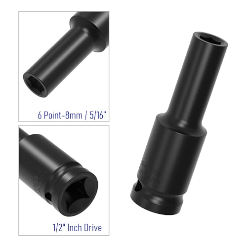 Image of 1 /2 inch Inch Drive by 8mm(5 /16 inch) Deep Impact Socket, Heat-Treated CR-V Steel 3 Inch Length, 6-Point Metric Sizes