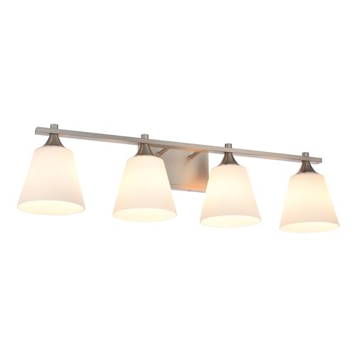 Image of Bathroom Vanity Light Fixtures, American Traditional Brushed Nickel 4 Lights Vanity Lighting Fixture with Opal Glass Shade, Porch Wall Mount Light Fixture for Bathroom, Mirror Cabinets Hallway Stairs