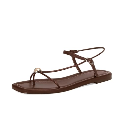 Image of Strappy Flat Sandals for Women Comfortable Open Square Toe Slingback Sandals Dressy Beach Thong Flip Flop Slides Sandals