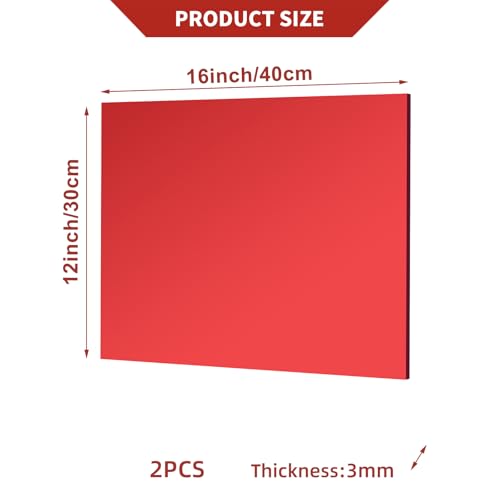 Image of 2 Pcs 12 x16 Inch Red Acrylic Mirror Sheet, 1 /8 Inch Thick Opaque Glossy Mirror, Plexiglass Mirror Sheets with Protective Film, Rigid Mirror Acrylic Sheets for Sawing, DIY, Laser Cutting and Engraving
