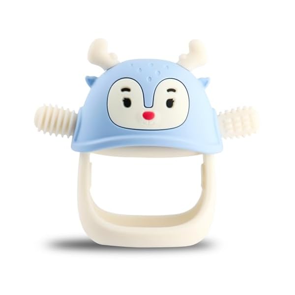 Smily Mia Never Drop Reindeer Silicone Baby Chewing Toy for 3M+ Infants, Easy to Hold Teething Miteen with Soft Textures for Sensory Exploration and Teething Pain Relief-Light Blue