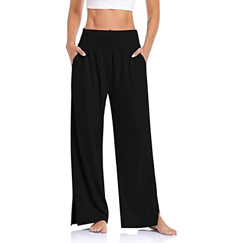 Meihuida Women Wide Leg Yoga Pants Casual Loose Plus Size Jogger Sweatpants with Pockets (Black, S)