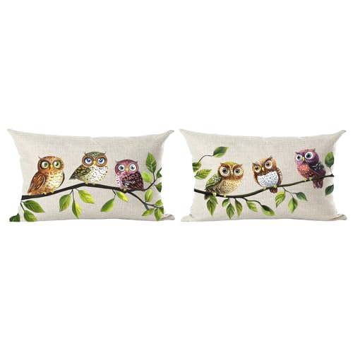 Image of Ramirar Set of 2 Ink Painting Watercolor Brown Lovely Owl Birds Decorative Lumbar Throw Pillow Cover Case Home Living Room Bed Sofa Car Cotton Linen Rectangular 12 x 20 Inches