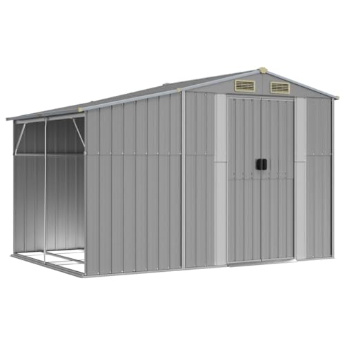 vidaXL Gerätehaus, Gartenhaus mit Schrägdach Griffe, Gartenschuppen Schuppen mit Stauraum, Geräteschuppen Metallschuppen, Grau 277x192,5x179 cm Verzinkter Stahl