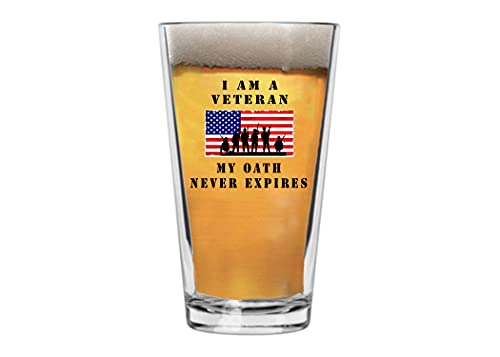I am a Veteran My Oath Never Expires Beer Glass Drinking Cup Pint 16oz Pub Gift For Military Active Duty USA Flag