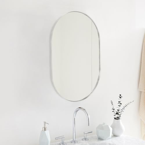 Image of TEHOME Brushed Nickel 24x36'' Oval Mirror Brushed Silver Capsule Pill Shaped Bathroom Vanity Mirror 36 x 24 inch Nickel Oblong Metal Framed Mirror in Stainless Steel