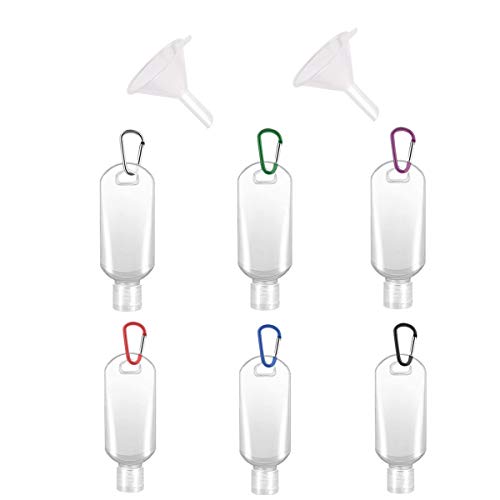 6 Pack 50ml/1.7oz Travel Plastic Clear Keychain Bottles, Leakproof Refillable Empty Bottles Portable Squeeze Containers with 6Pcs Carabiner and 2Pcs Funnels