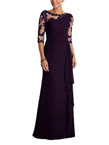 Onsoyours Vestidos de encaje con mangas 3/4 para mujer, vestidos de noche de gasa para boda, elegante, vestido largo plisado, vestido largo para cóctel, fiesta, baile, B Morado, 42