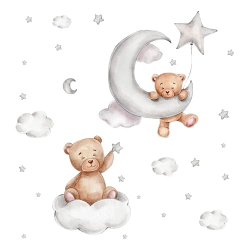 Oso Nube Estrellas y Luna Pegatina 2 Piezas Estrellas Y Luna Adhesivos Pared Animales Calcomanías Pared Nubes Y Oso Animales Árbol Vinilos Decorativos Oso Para Puerta De Armario,Pared De Niños