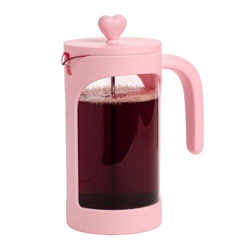 Paris Hilton French Press Coffee Maker, 8-Cup Coffee Press with Heart Knob Lid, Temperature Safe Glass and Stainless Steel Filter, Pink