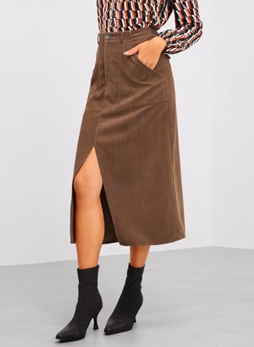 Happy Sailed Womens Corduroy Skirts Casual Dressy High Waist A Line Split Midi Skirt with Pockets2