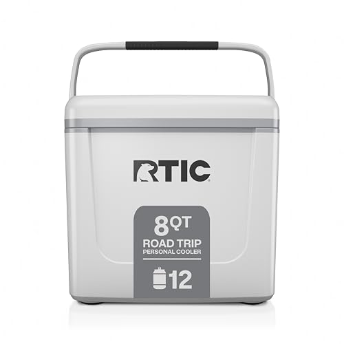 RTIC 8 QT Road Trip Personal Cooler, Small, Compact, Insulated, Portable Ice Chest Box for Food, Drink, Beverage, Beach, Camping, Picnic, Fishing, Boat, 12-Can Capacity, White & Grey