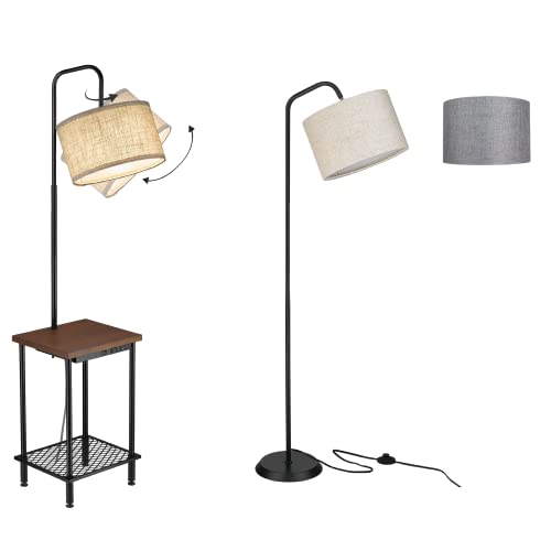 Elyona Industrial Floor Lamp With Table With Usb Type-C Charging Port & Power Outlet And Tall Pole Standing Light With 2 Fabric Shades For Living Room,Bedroom #TOP18