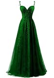 YUAOHUANG Emerald Green Prom Dresses 2025 Lace Appliques Tulle Prom Dresses for Women Long Spaghetti Straps Lace Tulle Formal Dress A-Line Formal Evening Party Gowns Ball Gown US0
