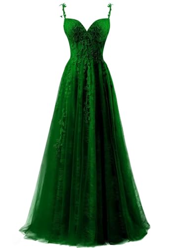 YUAOHUANG Emerald Green Prom Dresses 2025 Lace Appliques Tulle Prom Dresses for Women Long Spaghetti Straps Lace Tulle Formal Dress A-Line Formal Evening Party Gowns Ball Gown US0