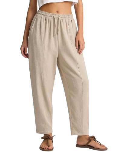 DIGIMAP Women's Casual Pants Lightweight with Pockets Stretchy Quick Dry Drawstring Elastic Waist for Summer Travel Workout Outdoor Apricot