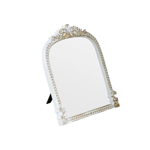 LuHeToz Antique White Plastic Arched Makeup Mirror Standing Hanging or Wall Mount Bathroom Living Room Bedroom White and Gold Decorative Mirror (10.6 x 8.6 inch)