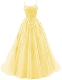 Vtorliya Women's Lace Appliques Prom Dresses Long Tulle Spaghetti Straps Ball Gowns Corset Backless Evening Dress Yellow
