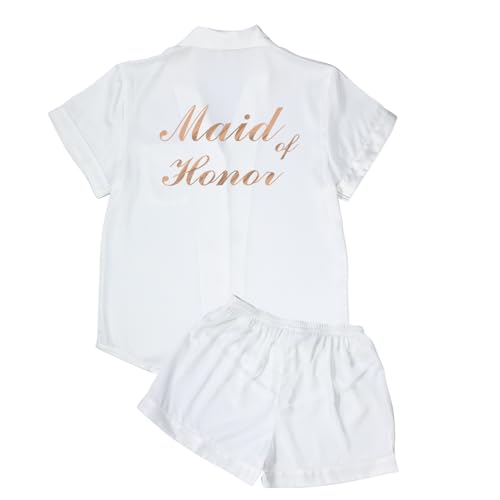 Image of MI X TEE 4Pcs Bride Pajama Summer Silk Pajamas for Team Bride Short Sleeve Shorts PJS Matching Pajamas with Bridesmaid