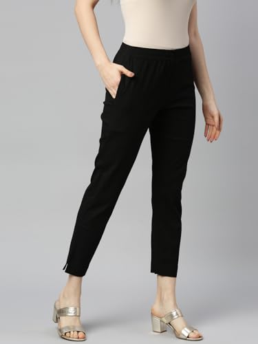 Image of MINELLI Women Solid Cigar Pants, Cotton Lycra Slub Fabric, Elasticated Waistband, Pull On Style, Regular Fit Bottom Wear for Western and Ethnic Wear