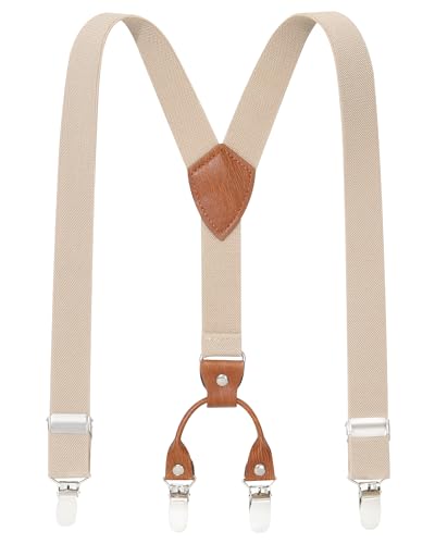 AWAYTR Kids Child Men Boy Suspenders - Adjustable Elastic Solid Color 4 Strong Clips Braces (27Inches (3 Years to 8 Years) Khaki)