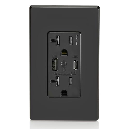 Image of Leviton T5834-E 60W (20V@2.5A+ 5V@2A) USB Dual Type A /Type-C Power Delivery in-Wall Charger with 20A Tamper-Resistant Outlet, USB Charger for Smartphones, Tablets, Laptops, Black