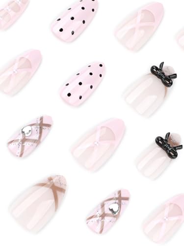 Image of Secret Lives Black Polka Dot Bow Press-On Nails - Cute Short Almond Artificial False Nails with Glossy Nail Art 24-Pieces Set with Kit