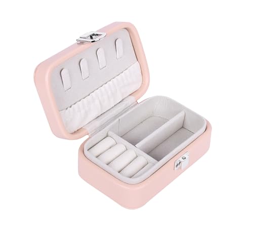 Image of BucketList PU Leather Jewellery Organizer Box with Ring Slots & Necklace Hooks | Compact Jewelry Storage Case with Secure Lock (Travel Jewellery Box Rectangular (Pink))