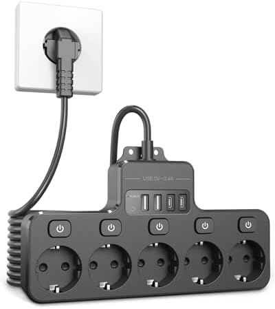 VIPWELL Steckdosenleiste Schaltbar mit USB - 5 Fach Steckdose 2 USB C und 2 USB A Anschlüsse - Verlängerungskabel 2m Mehrfachsteckdose - für Homeoffice, Café-Stand, Nachttisch, Bür